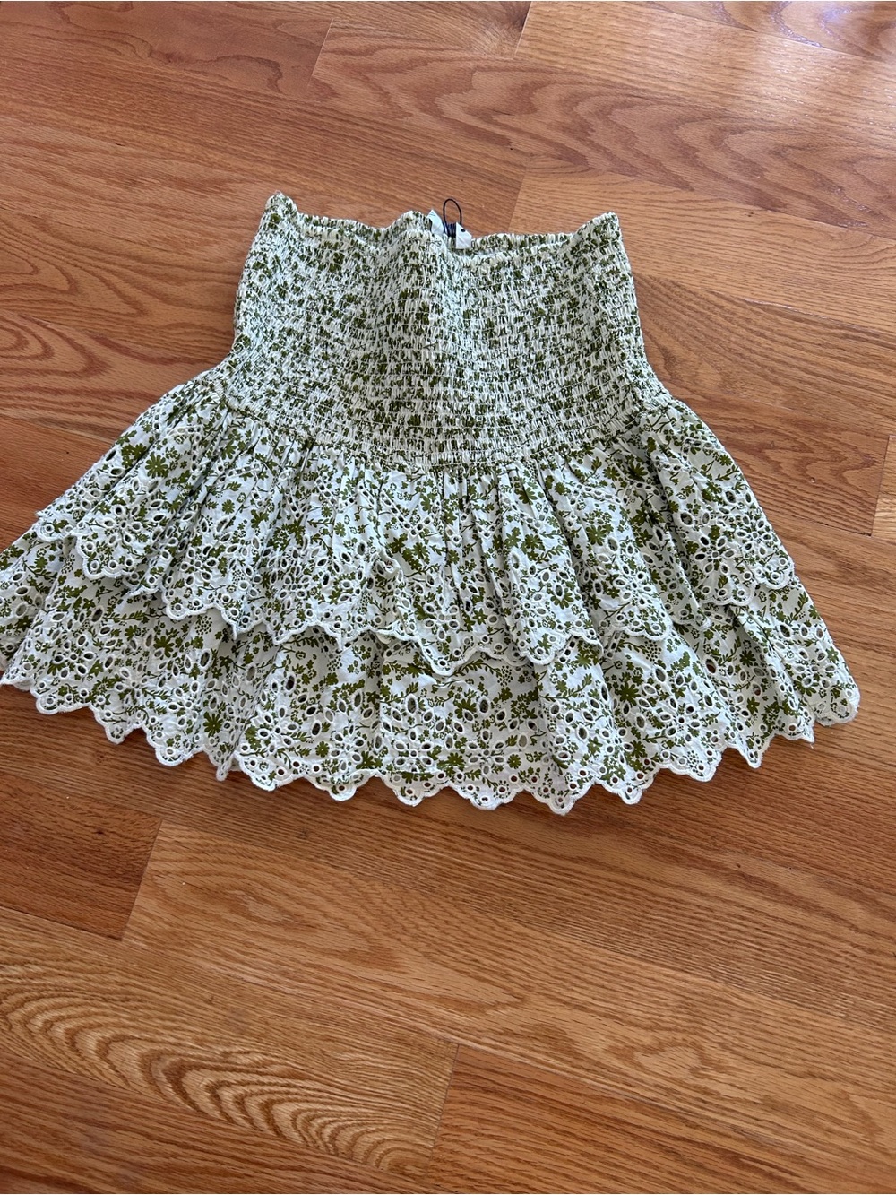 Zara Olive Green & White Eyelet Smocked Ruffle Mini Skirt